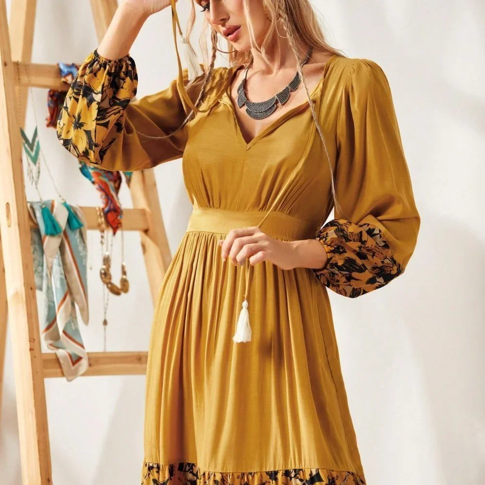 Yellow Boho Womens Floral Print Tassel Tie Neck Lantern Sleeve Ruffle Hem Dress - Picture 4 of 5
